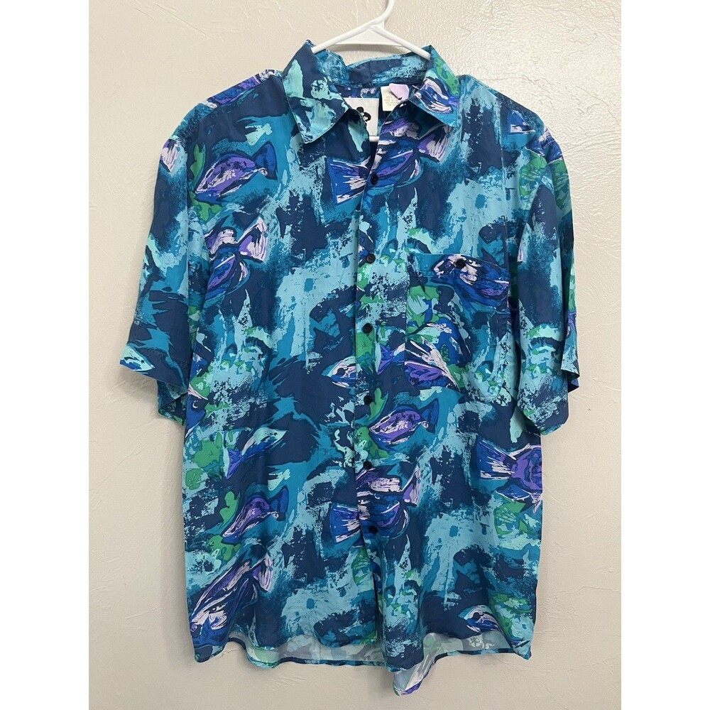 Vintage Hilo Hattie Men's Small Silk Hawaiian Shirt Resortwear Tropical Blue Top